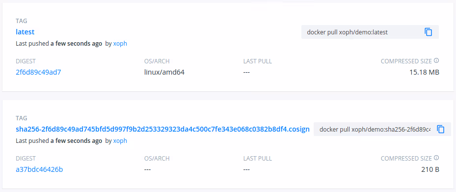 Notice how the signature tag below corresponds to the sha256 digest of the image tag ‘latest’ above.
