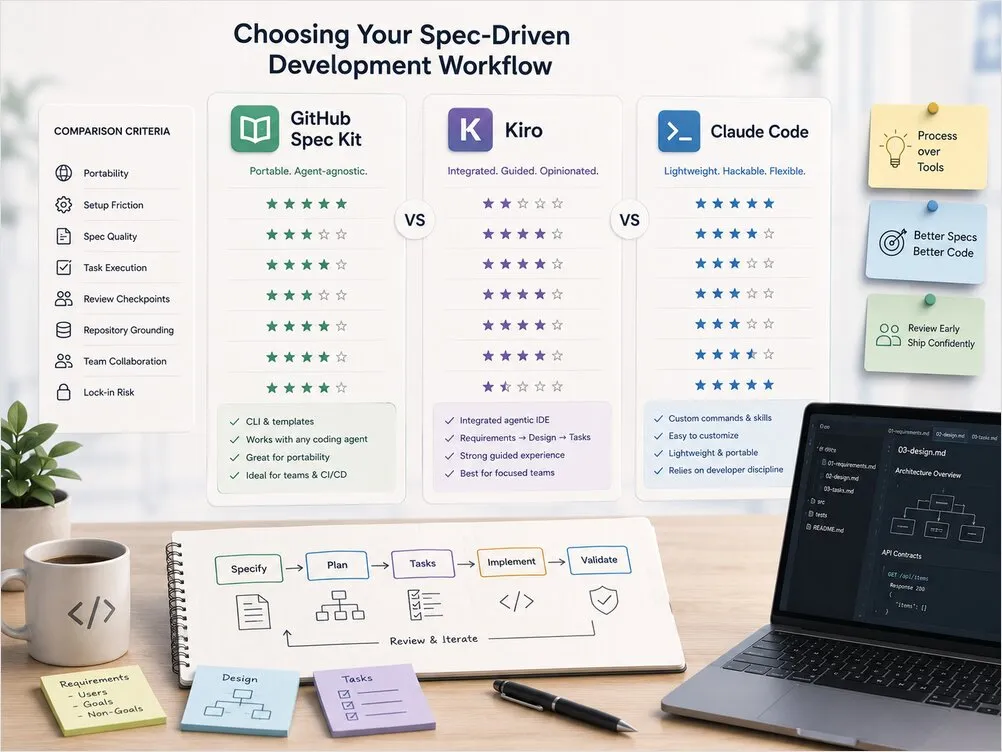 GitHub Spec Kit vs Kiro vs Claude Code spec-driven development workflows