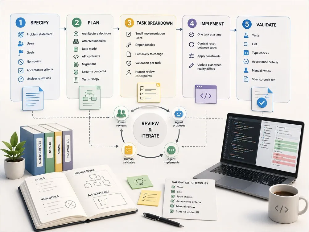 Spec-driven development workflow across five phases